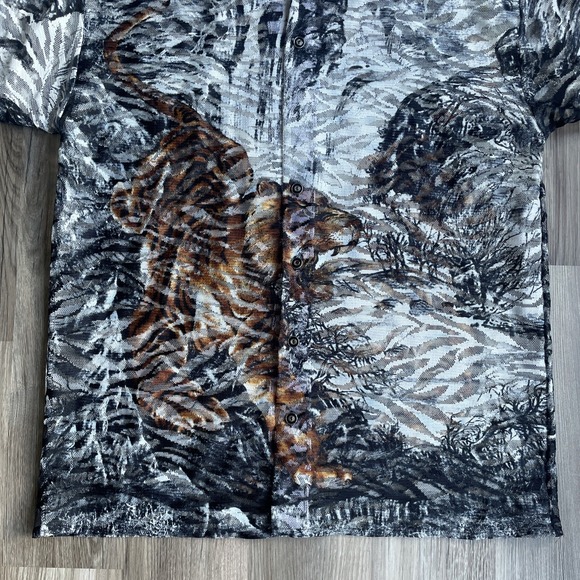 Vintage 90s TRUST COUTURE Mens Shirt XL Mesh Sheer‎ Tiger Graphic Animal Print - Picture 2 of 7
